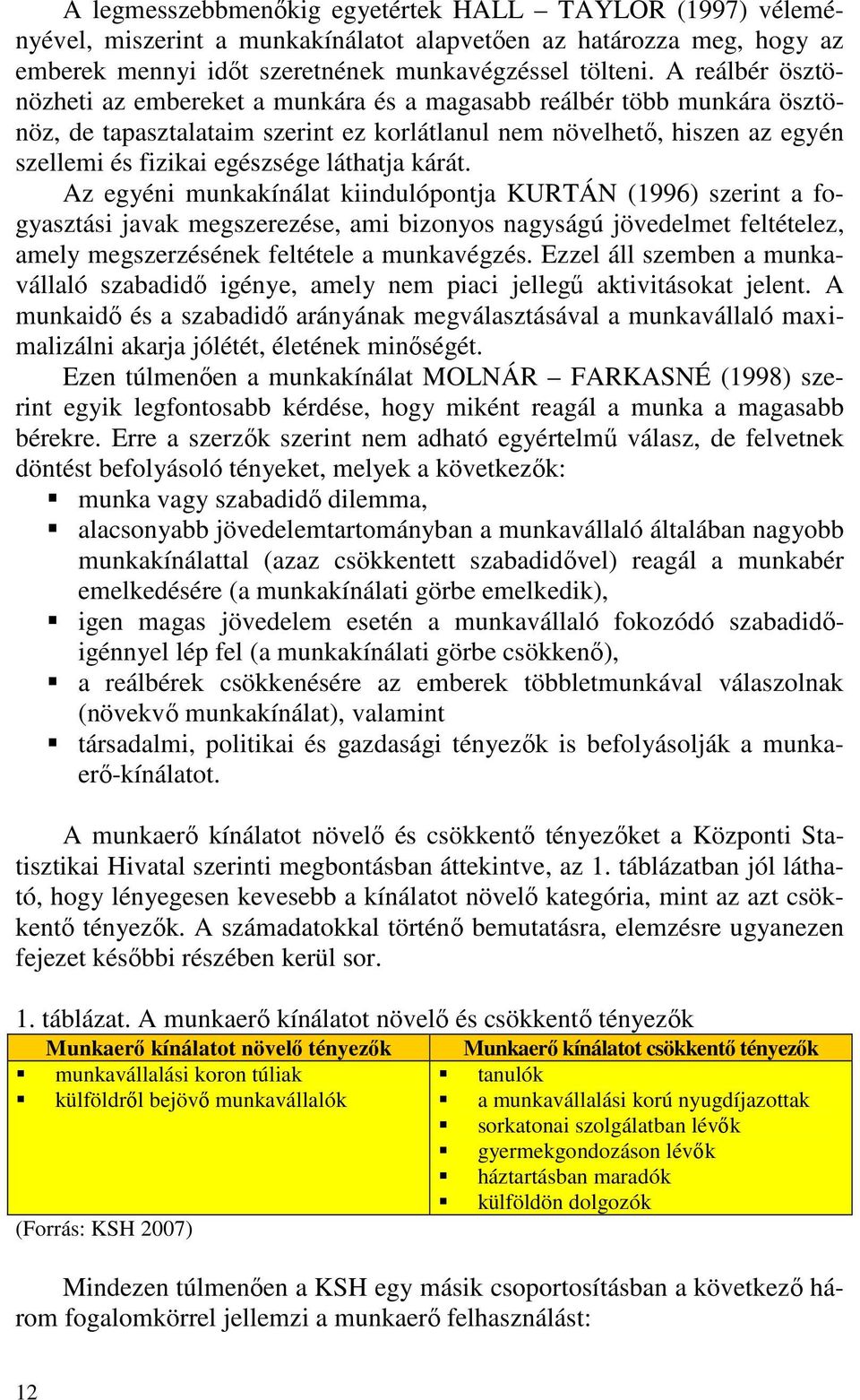 láthatja kárát. Az egyéni munkakínálat kiindulópontja KURTÁN (1996) szerint a fogyasztási javak megszerezése, ami bizonyos nagyságú jövedelmet feltételez, amely megszerzésének feltétele a munkavégzés.