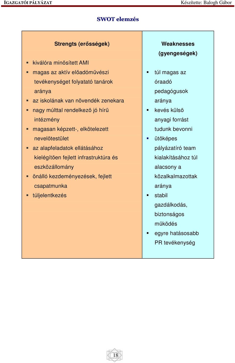 eszközállomány önálló kezdeményezések, fejlett csapatmunka túljelentkezés Weaknesses (gyengeségek) túl magas az óraadó pedagógusok aránya kevés külső anyagi