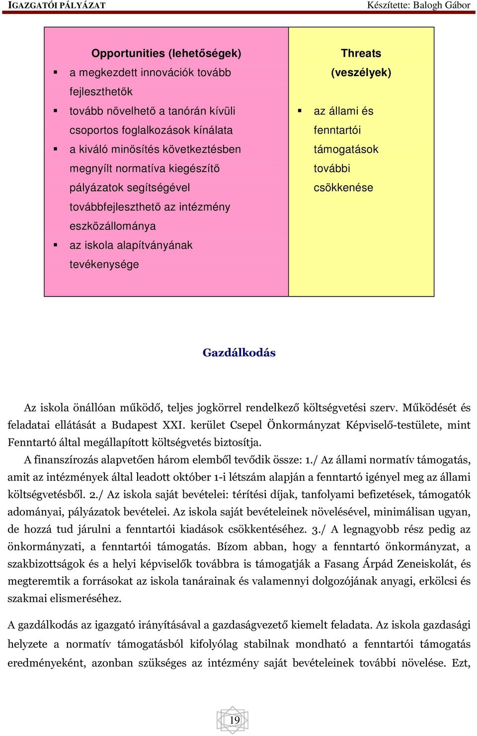 Gazdálkodás Az iskola önállóan működő, teljes jogkörrel rendelkező költségvetési szerv. Működését és feladatai ellátását a Budapest XXI.