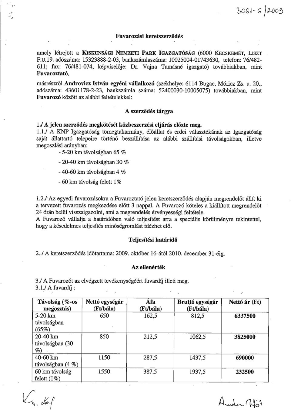 Vajna Tamásné igazgató) továbbiakban, mint Fuvaroztató, másrészről Androvicz István egyéni vállalkozó (székhelye: 6114 Bugac, Móriez Zs. u. 20.