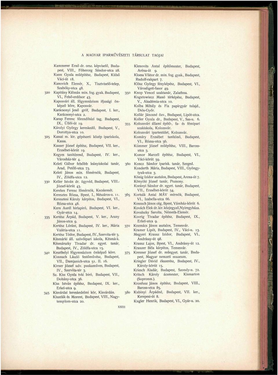 Karap Ferenc főrendiházi tag, Budapest, IX., Üllői-út 19. Károlyi György kereskedő, Budapest, V., Dorottya-utca 10. 325 Kassai m. kir. gépészeti közép ipariskola, Kassa.