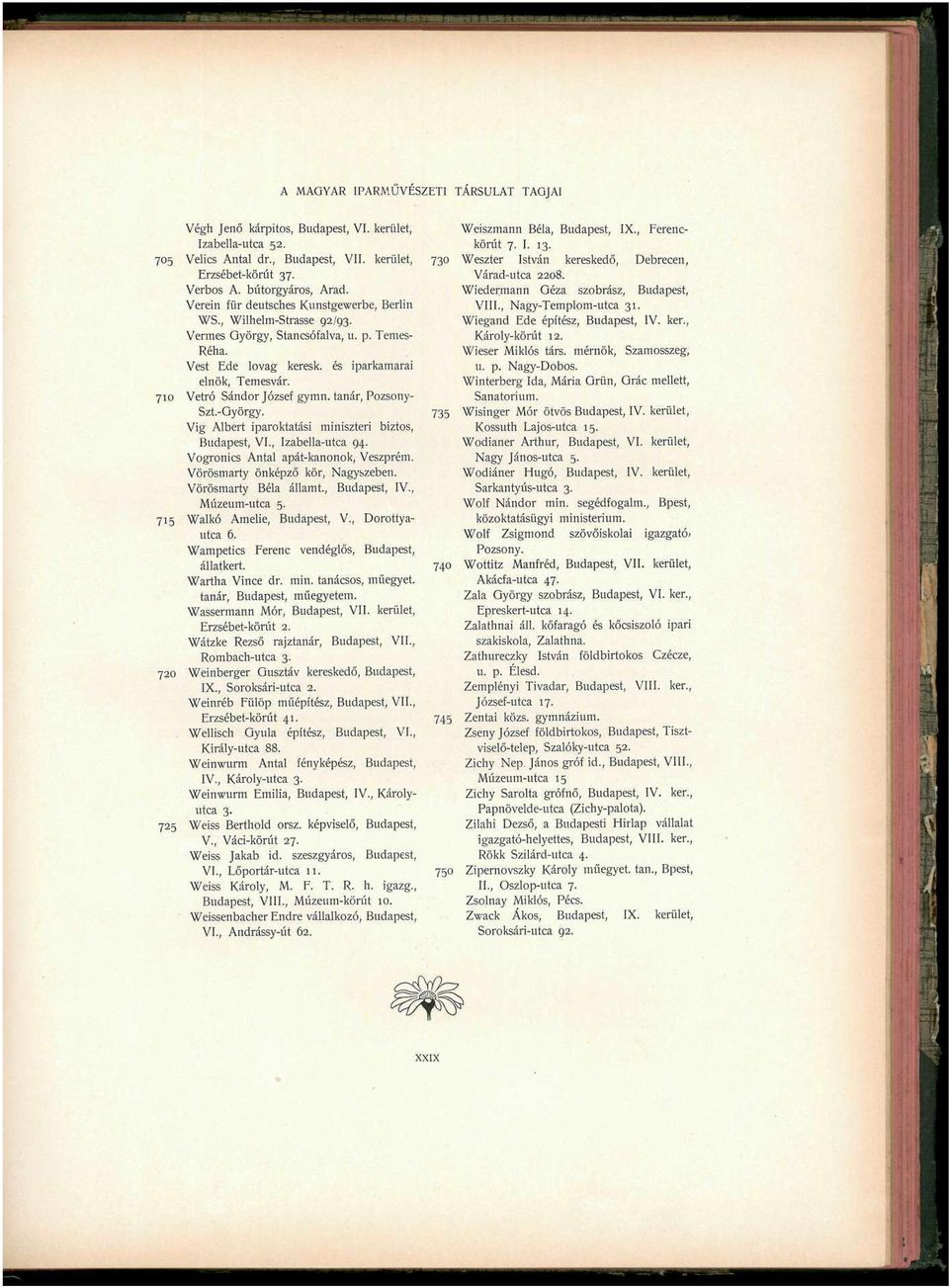 Vig Albert iparoktatási miniszteri biztos, Budapest, VI., Izabella-utca 94. Vogronics Antal apát-kanonok, Veszprém. Vörösmarty önképző kör, Nagyszeben. Vörösmarty Béla államt., Budapest, IV.