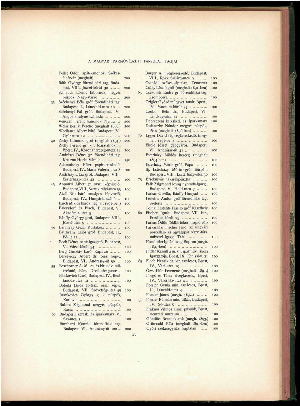 , Angol királyné szálloda 200 Venczell Ferenc kanonok, Nyitra... 200 Weisz Bernát Ferenc (meghalt 1888.) 200 Wodianer Albert báró, Budapest, IV., Gyár-utca 12 200 40 Zichy Edmund gróf (meghalt 1894.