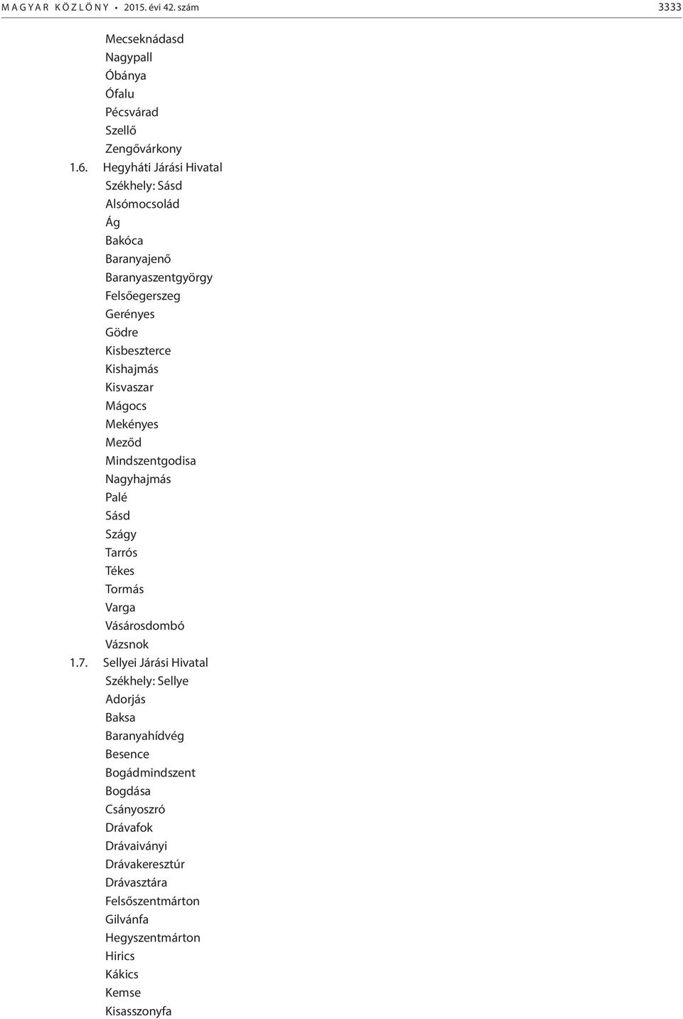 Mágocs Mekényes Meződ Mindszentgodisa Nagyhajmás Palé Sásd Szágy Tarrós Tékes Tormás Varga Vásárosdombó Vázsnok 1.7.