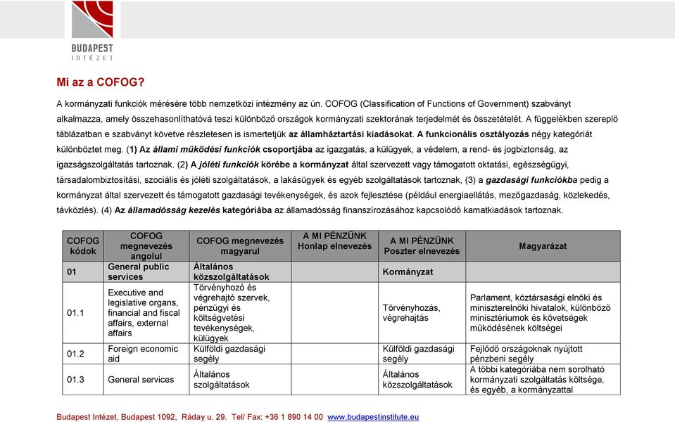 A függelékben szereplő táblázatban e szabványt követve részletesen is ismertetjük az államháztartási kiadásokat. A funkcionális osztályozás négy kategóriát különböztet meg.