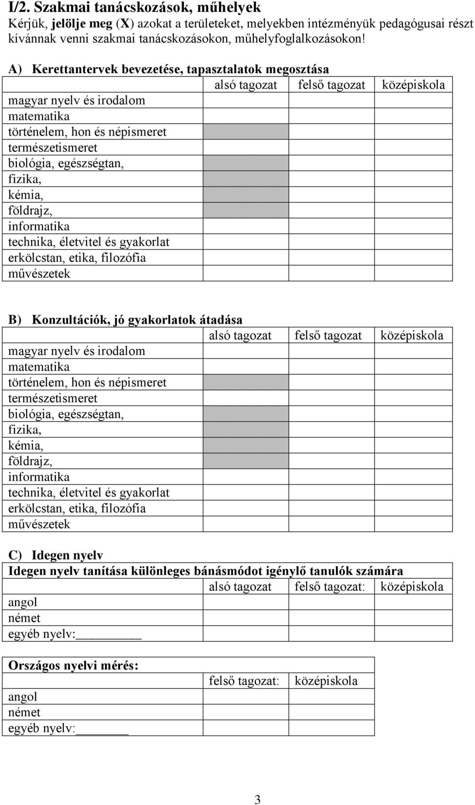 fizika, kémia, földrajz, informatika technika, életvitel és gyakorlat erkölcstan, etika, filozófia művészetek B) Konzultációk, jó gyakorlatok átadása alsó tagozat felső tagozat középiskola magyar