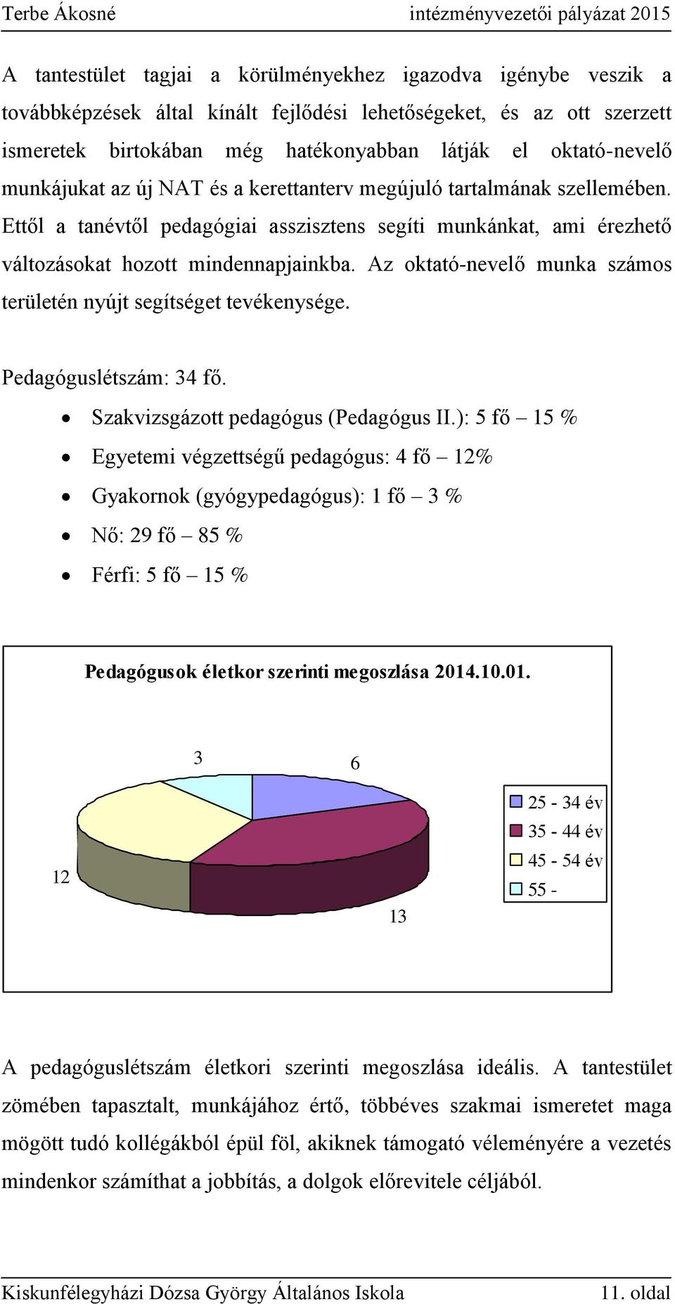 Az oktató-nevelő munka számos területén nyújt segítséget tevékenysége. Pedagóguslétszám: 34 fő. Szakvizsgázott pedagógus (Pedagógus II.