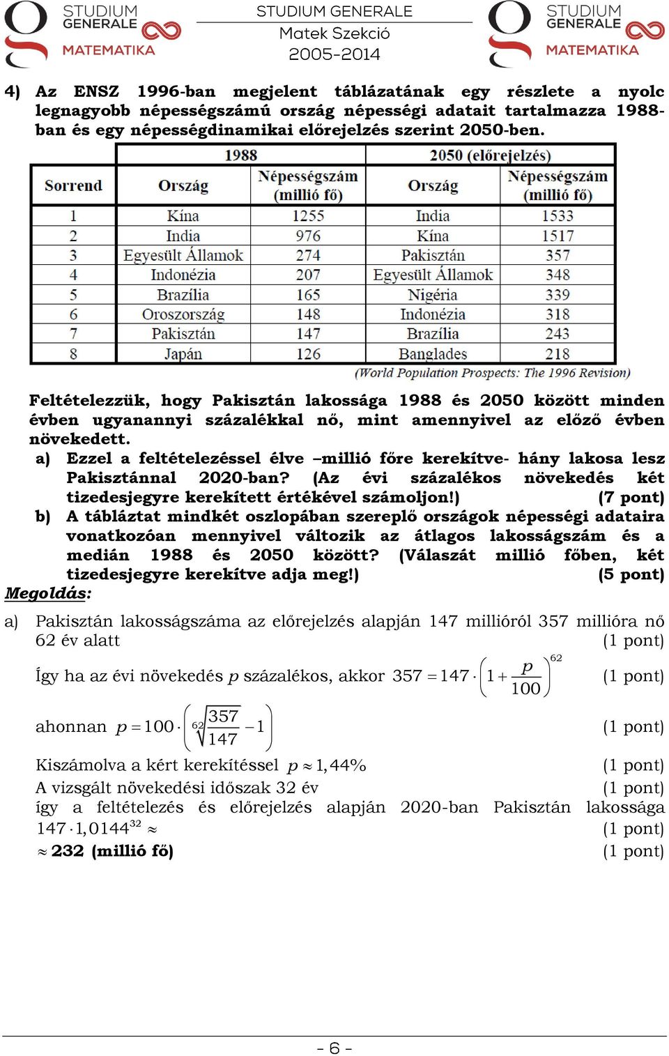 a) Ezzel a feltételezéssel élve millió főre kerekítve- hány lakosa lesz Pakisztánnal 2020-ban? (Az évi százalékos növekedés két tizedesjegyre kerekített értékével számoljon!