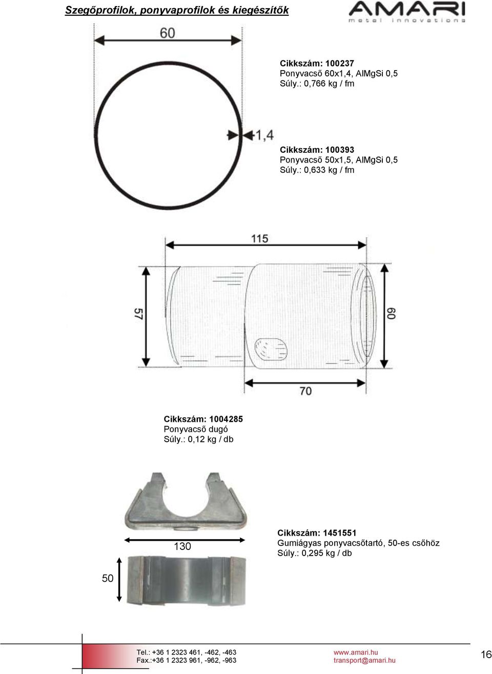 : 0,766 kg / fm Cikkszám: 100393 Ponyvacső 50x1,5, : 0,633 kg / fm Cikkszám: