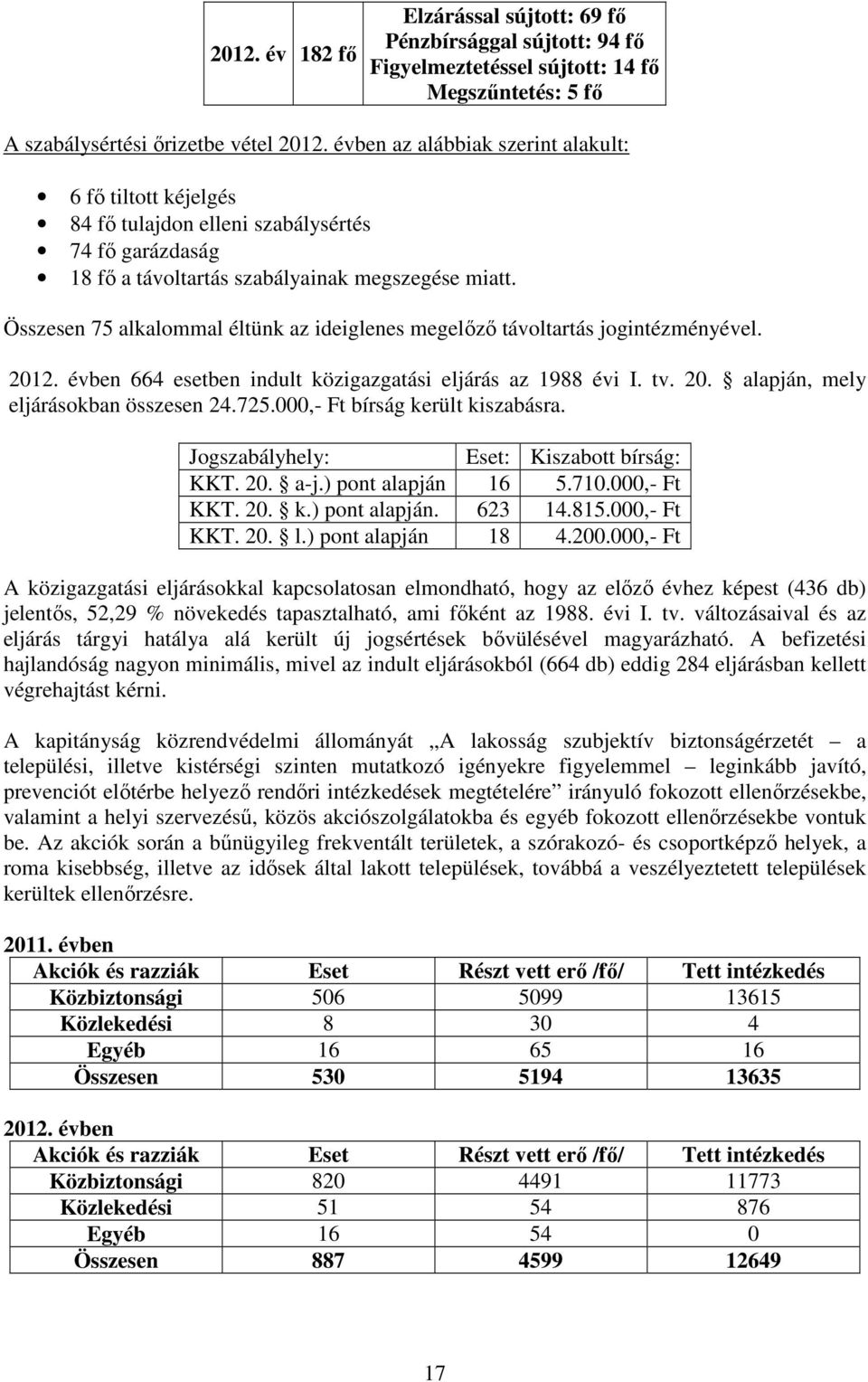 Összesen 75 alkalommal éltünk az ideiglenes megelőző távoltartás jogintézményével. 2012. évben 664 esetben indult közigazgatási eljárás az 1988 évi I. tv. 20. alapján, mely eljárásokban összesen 24.