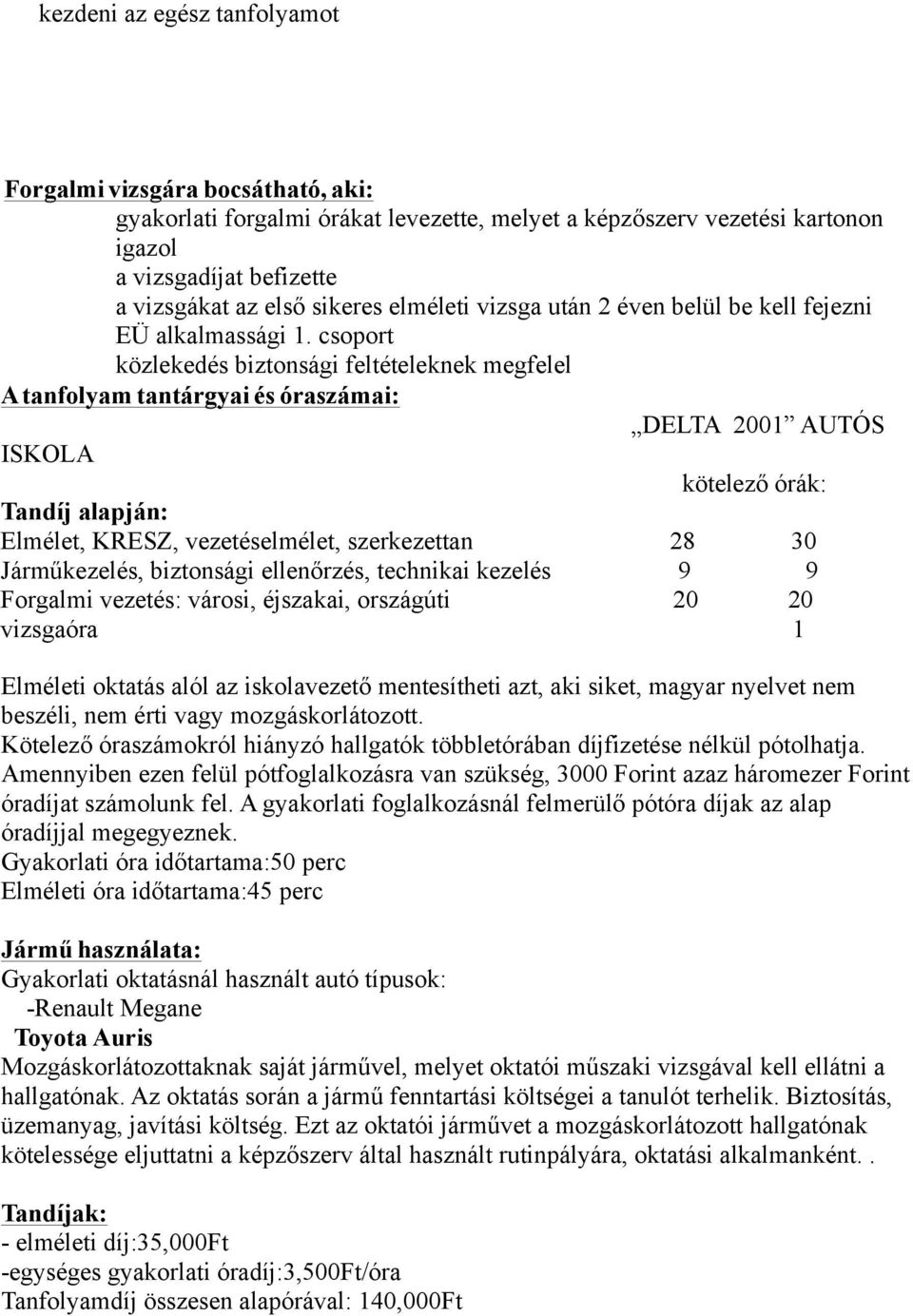 csoport közlekedés biztonsági feltételeknek megfelel A tanfolyam tantárgyai és óraszámai: DELTA 2001 AUTÓS ISKOLA kötelező órák: Tandíj alapján: Elmélet, KRESZ, vezetéselmélet, szerkezettan 28 30