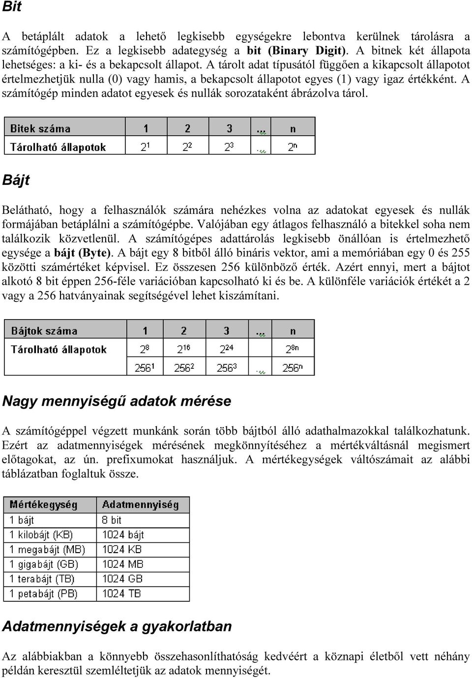 A tárolt adat típusától függően a kikapcsolt állapotot értelmezhetjük nulla (0) vagy hamis, a bekapcsolt állapotot egyes (1) vagy igaz értékként.