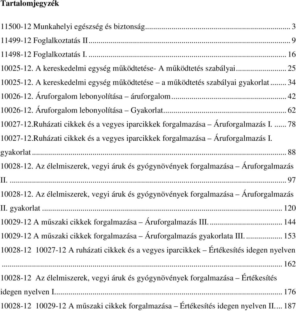 .. 62 10027-12.Ruházati cikkek és a vegyes iparcikkek forgalmazása Áruforgalmazás I.... 78 10027-12.Ruházati cikkek és a vegyes iparcikkek forgalmazása Áruforgalmazás I. gyakorlat... 88 10028-12.