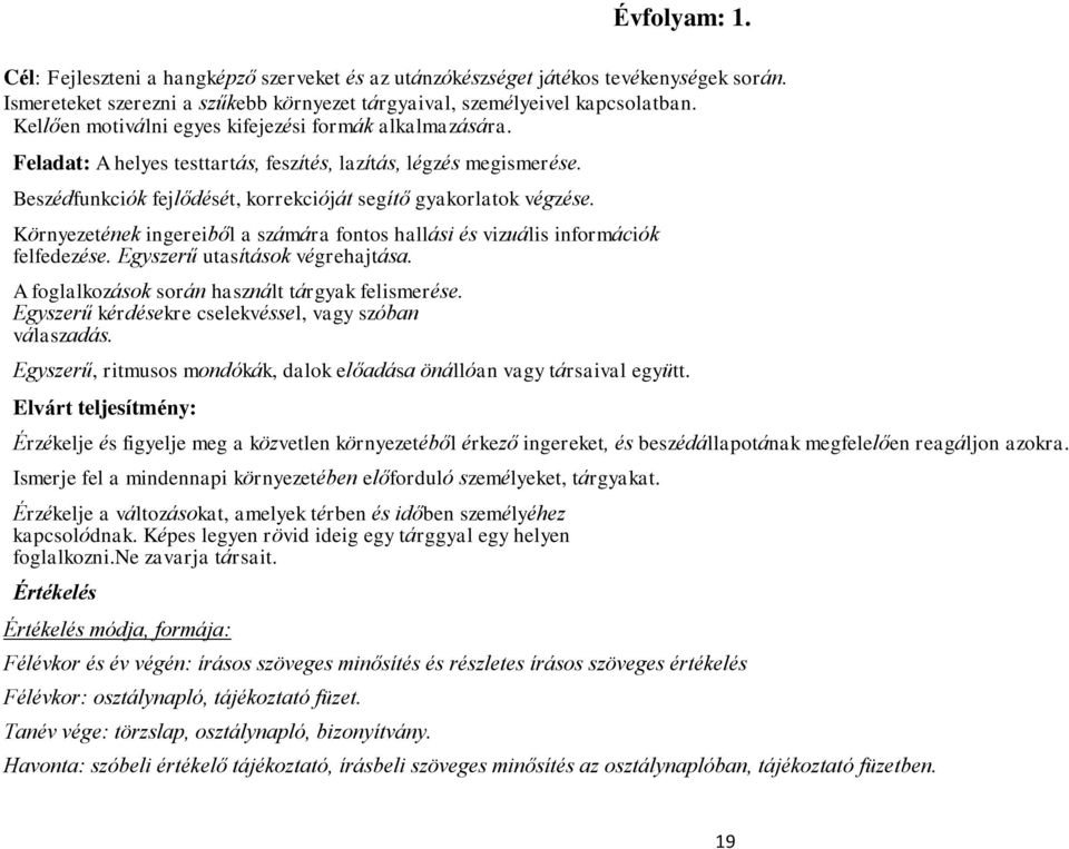 Környezetének ingereiből a számára fontos hallási és vizuális információk felfedezése. Egyszerű utasítások végrehajtása. A foglalkozások során használt tárgyak felismerése.