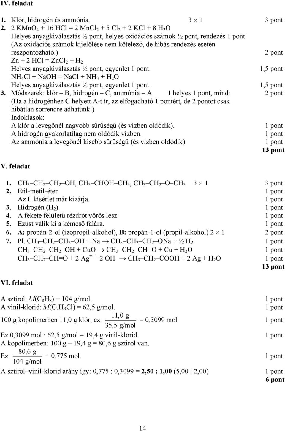 1,5 pont NH 4 Cl + NaOH = NaCl + NH + H 2 O Helyes anyagkiválasztás ½ pont, egyenlet. 1,5 pont.