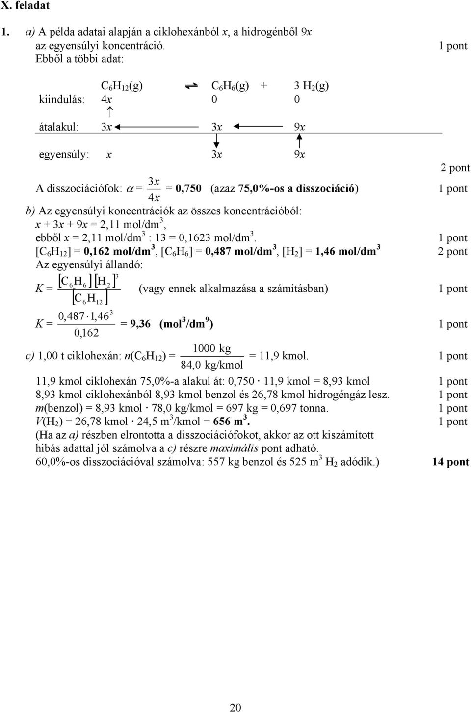 koncentrációk az összes koncentrációból: x + x + 9x = 2,11 mol/dm, ebből x = 2,11 mol/dm : 1 = 0,162 mol/dm.