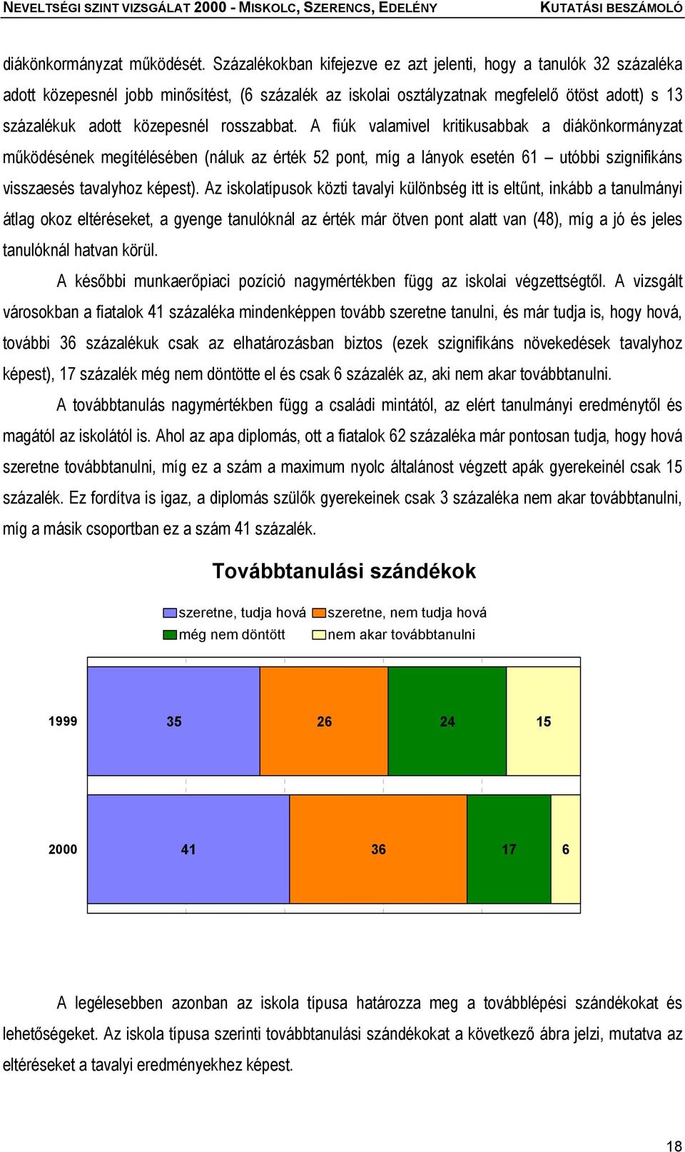 rosszabbat. A fiúk valamivel kritikusabbak a diákönkormányzat működésének megítélésében (náluk az érték 52 pont, míg a lányok esetén 61 utóbbi szignifikáns visszaesés tavalyhoz képest).