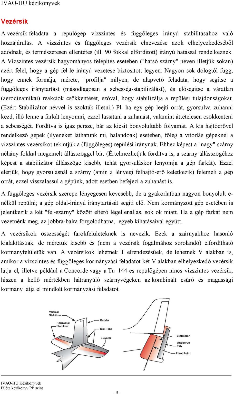 A Vízszintes vezérsík hagyományos felépítés esetében ("hátsó szárny" néven illetjük sokan) azért felel, hogy a gép fel-le irányú vezetése biztosított legyen.