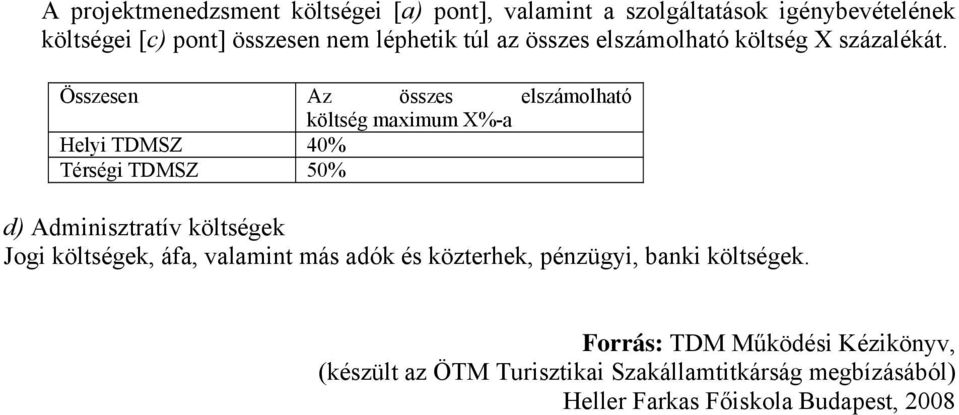 Összesen Az összes elszámolható költség maximum X%-a Helyi TDMSZ 40% Térségi TDMSZ 50% d) Adminisztratív költségek Jogi
