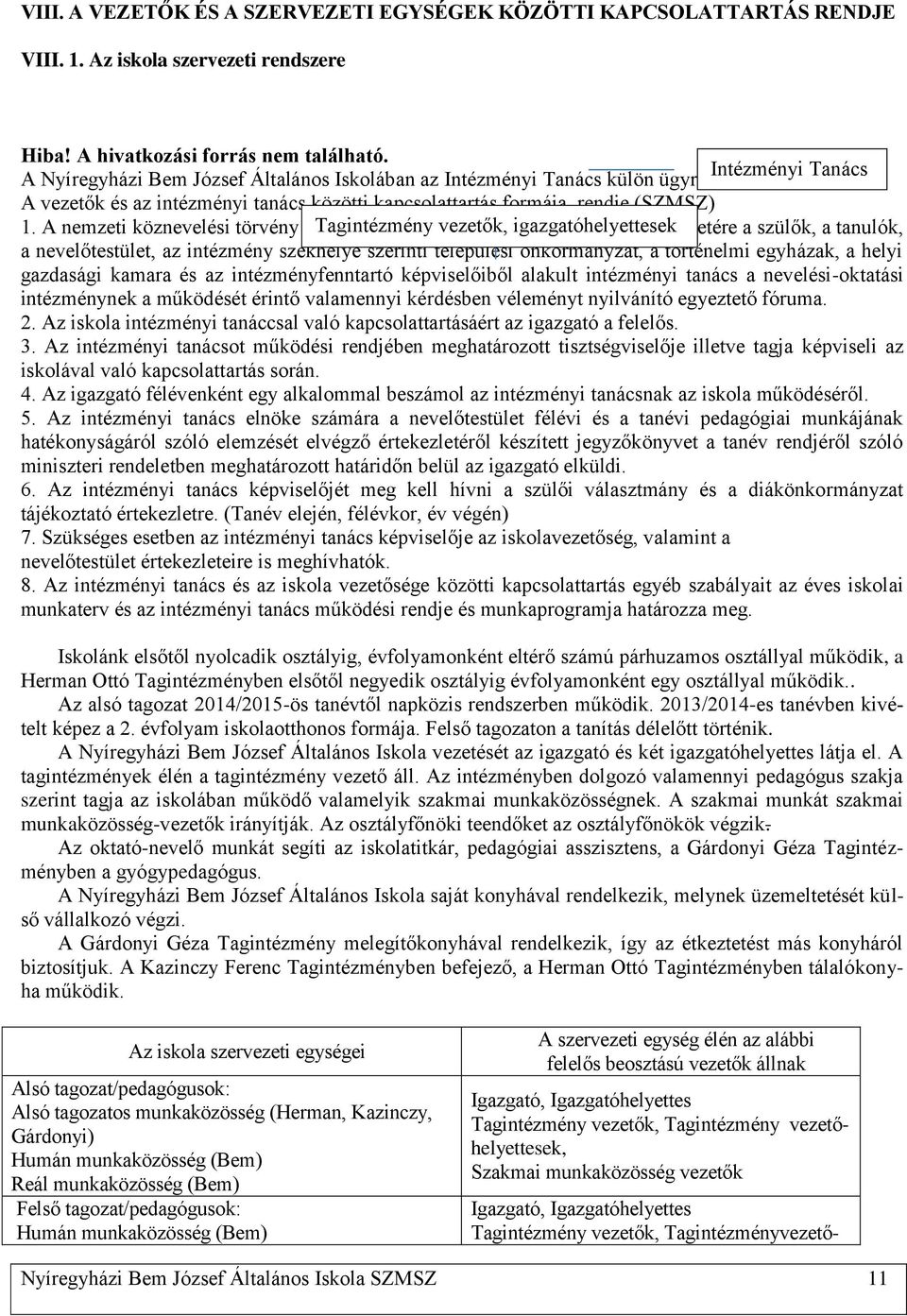 A nemzeti köznevelési törvény alapján Tagintézmény a helyi közösségek vezetők, igazgatóhelyettesek érdekeinek képviseletére a szülők, a tanulók, a nevelőtestület, az intézmény székhelye szerinti