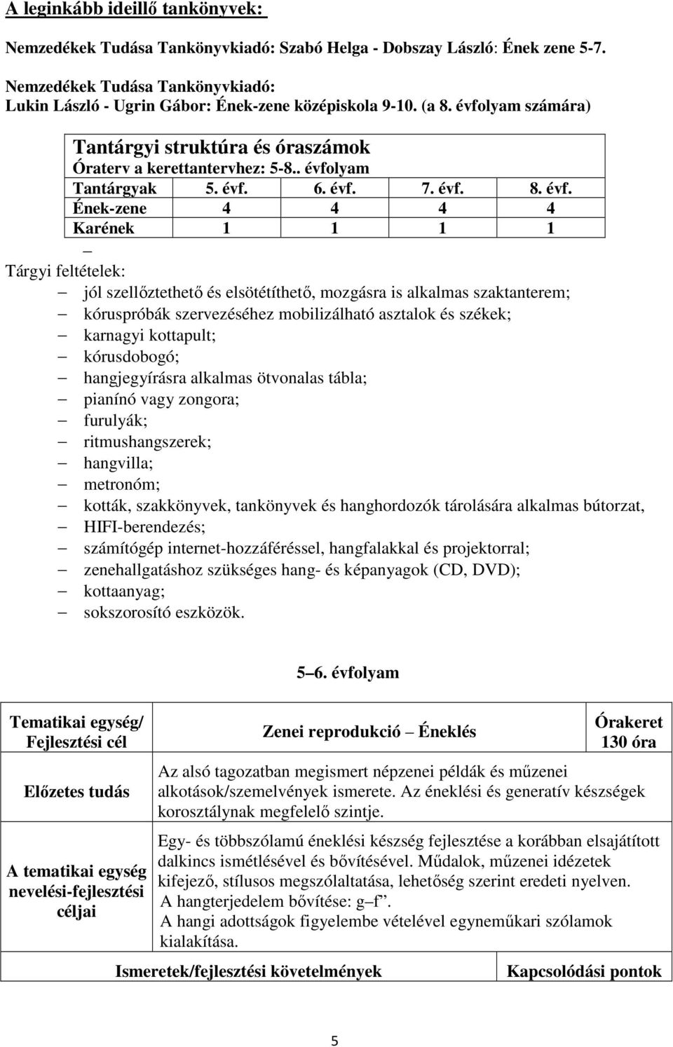 lyam számára) Tantárgyi struktúra és óraszámok Óraterv a kerettantervhez: 5-8.. évfo