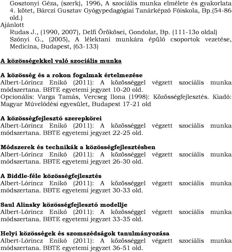 , (2005), A lélektani munkára épülő csoportok vezetése, Medicina, Budapest, (63-133) A közösségekkel való szociális munka A közösség és a rokon fogalmak értelmezése módszertana.