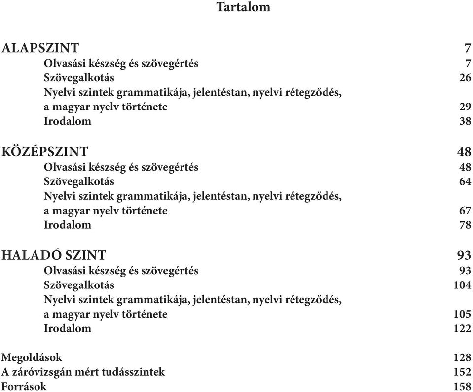 nyelvi rétegződés, a magyar nyelv története 67 Irodalom 78 HALADÓ SZINT 93 Olvasási készség és szövegértés 93 Szövegalkotás 104 Nyelvi szintek