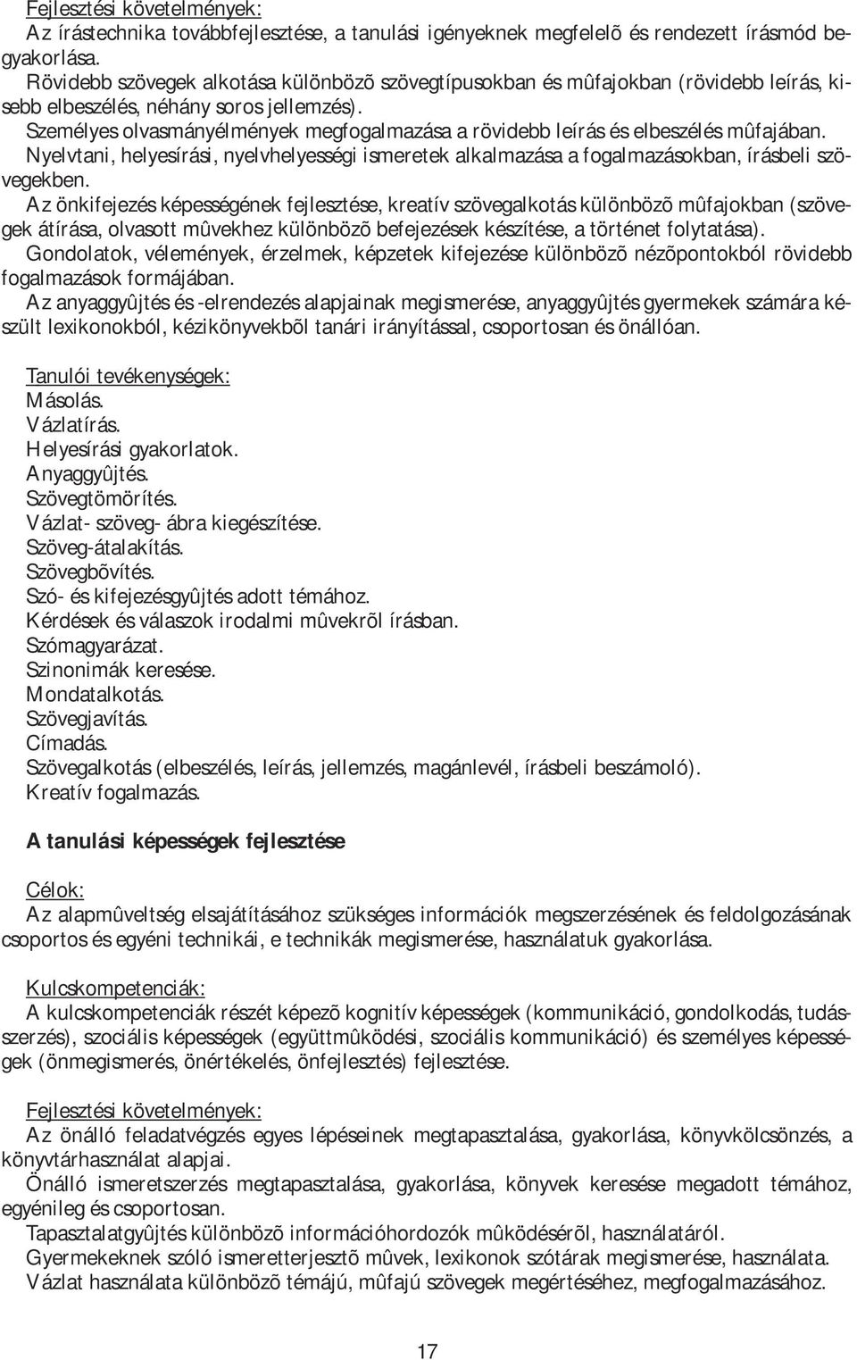 Személyes olvasmányélmények megfogalmazása a rövidebb leírás és elbeszélés mûfajában. Nyelvtani, helyesírási, nyelvhelyességi ismeretek alkalmazása a fogalmazásokban, írásbeli szövegekben.