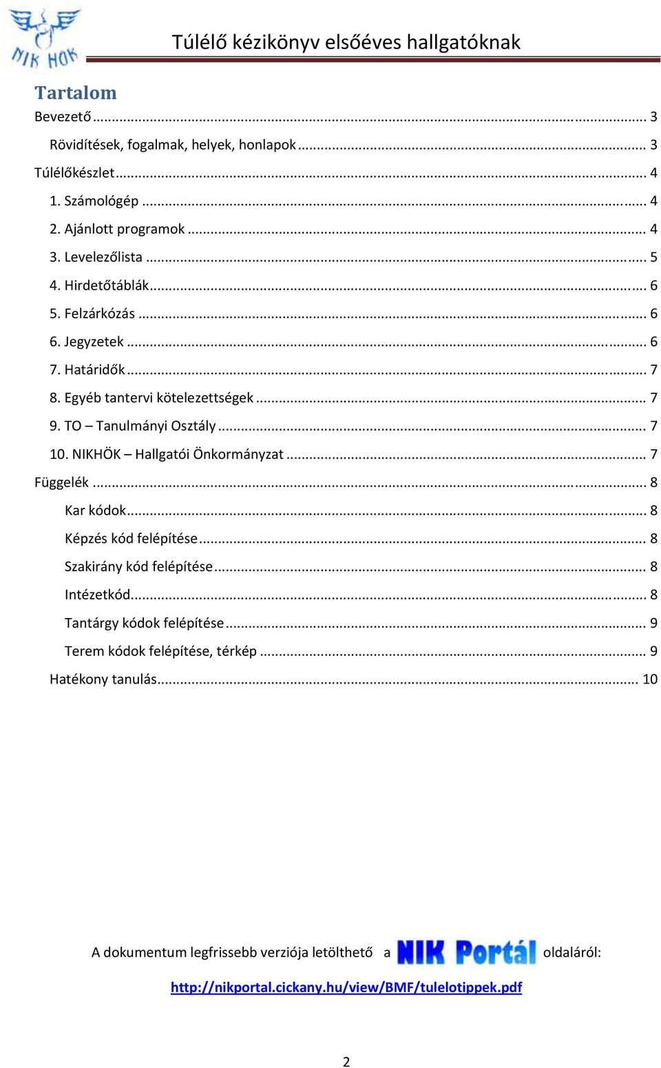 NIKHÖK Hallgatói Önkormányzat... 7 Függelék... 8 Kar kódok... 8 Képzés kód felépítése... 8 Szakirány kód felépítése... 8 Intézetkód... 8 Tantárgy kódok felépítése.