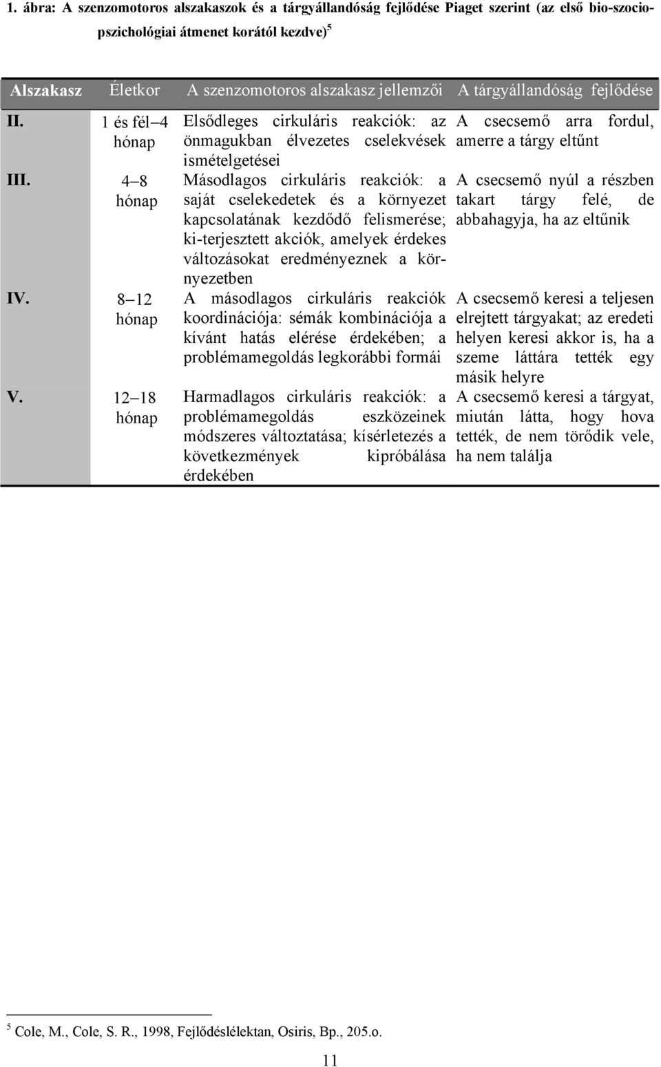 12 18 hónap Elsődleges cirkuláris reakciók: az önmagukban élvezetes cselekvések ismételgetései Másodlagos cirkuláris reakciók: a saját cselekedetek és a környezet kapcsolatának kezdődő felismerése;