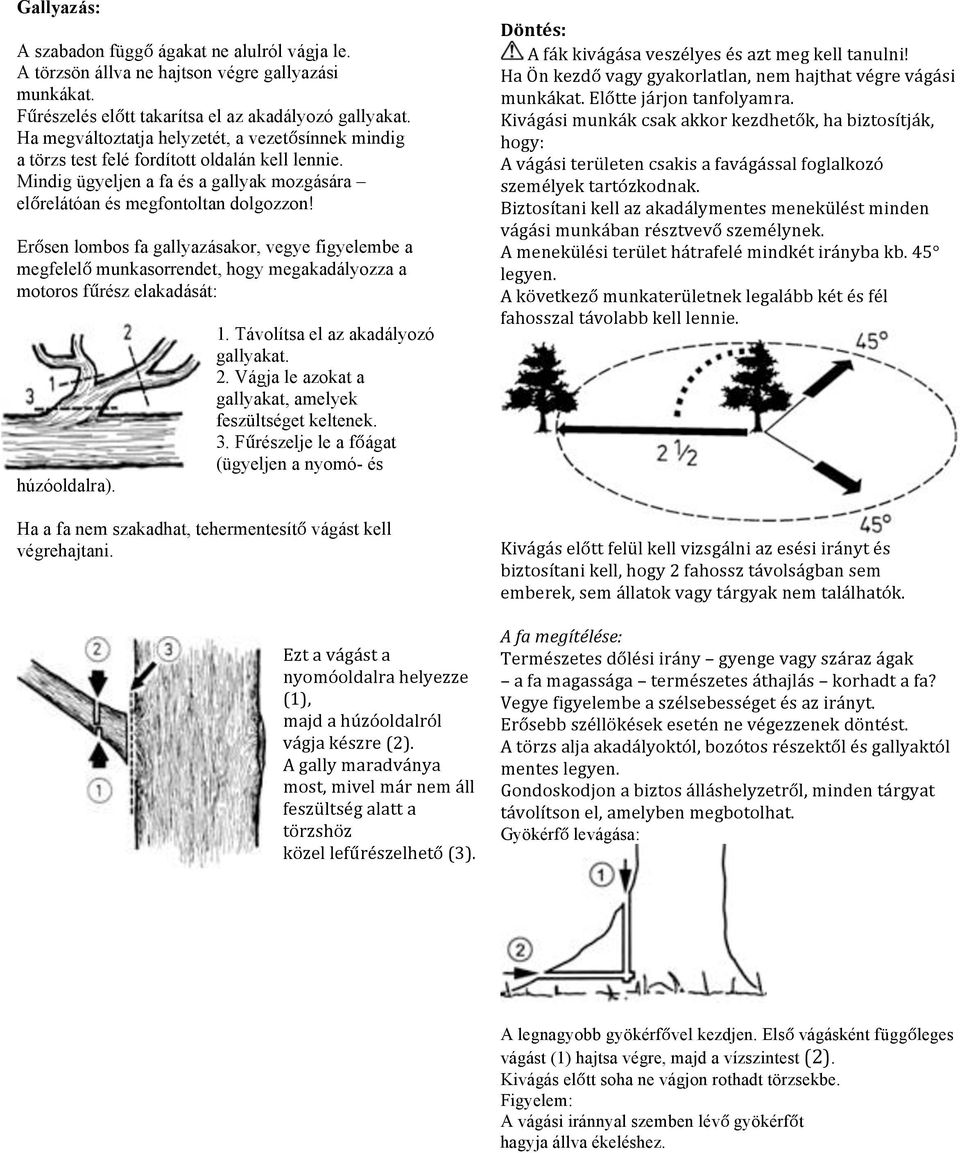 Erősen lombos fa gallyazásakor, vegye figyelembe a megfelelő munkasorrendet, hogy megakadályozza a motoros fűrész elakadását: húzóoldalra). 1. Távolítsa el az akadályozó gallyakat. 2.