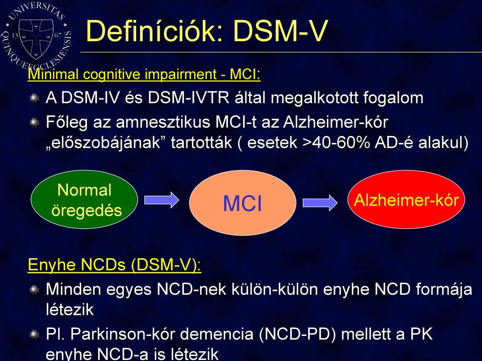 AD-é alakul) Normal öregedés MCI Alzheimer-kór Enyhe NCDs (DSM-V): Minden egyes NCD-nek