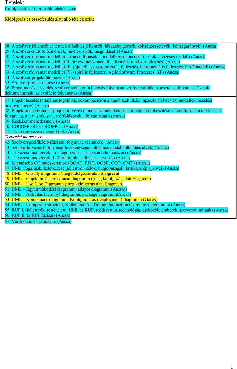 A szoftverfolyamat modelljei I. (modelltípusok, a modellezési koncepció, célok, a vízesés modell) (Ancsa) 31. A szoftverfolyamat modelljei II.