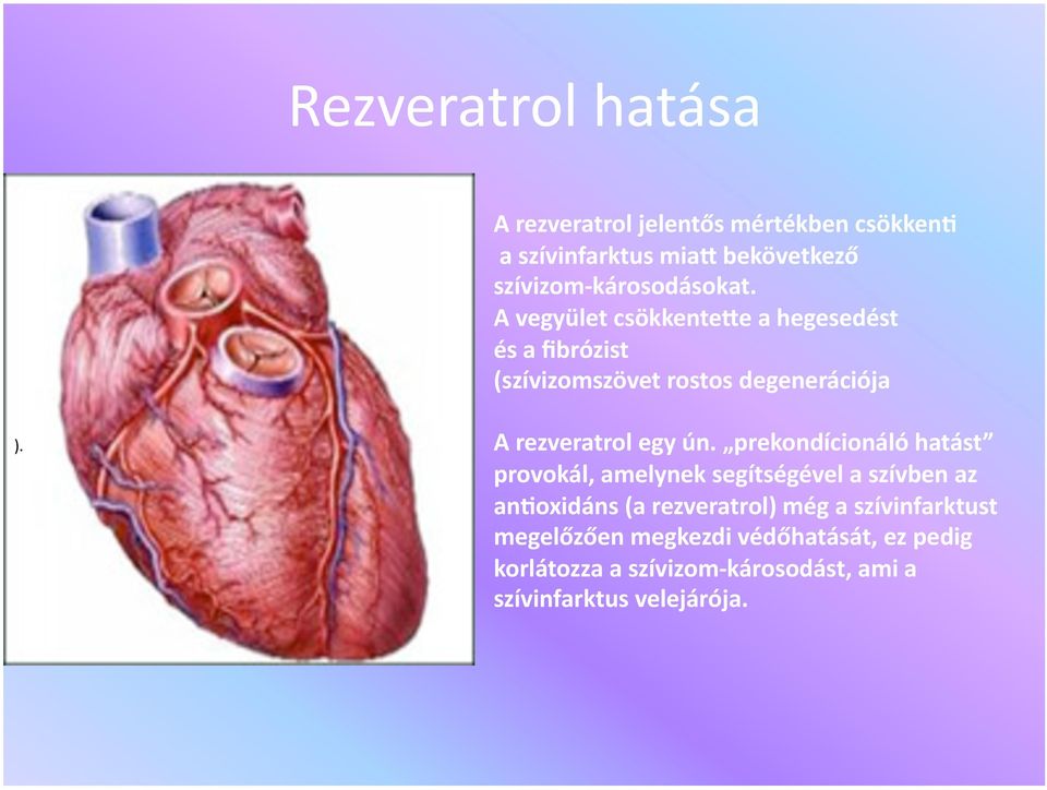 e a hegesedést és a fibrózist (szívizomszövet rostos degenerációja ). A rezveratrol egy ún.