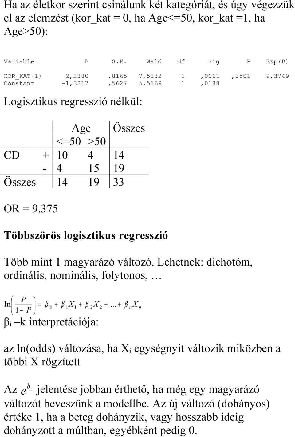 375 Többszörös logisztikus rgrsszió Több mint 1 magyarázó változó. Lhtnk: dichotóm, ordinális, nominális, folytonos, ln P β 0 + β 1X1 + β 2X +.
