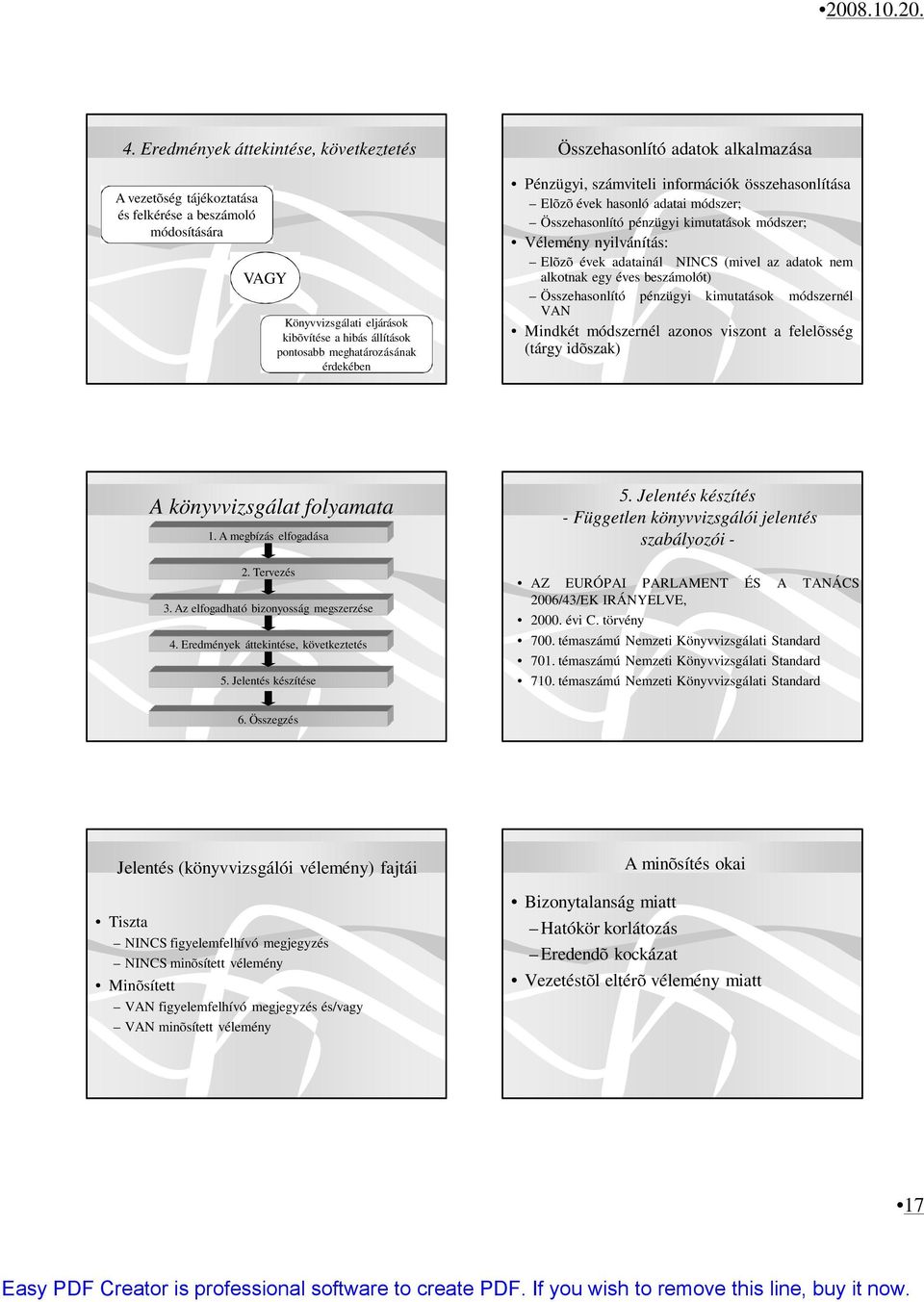 Elõzõ évek adatainál NINCS (mivel az adatok nem alkotnak egy éves beszámolót) Összehasonlító pénzügyi kimutatások módszernél VAN Mindkét módszernél azonos viszont a felelõsség (tárgy idõszak) A