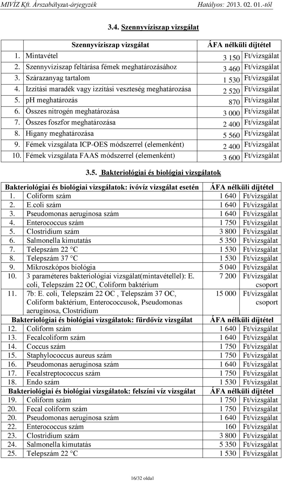 Összes nitrogén meghatározása 3 000 Ft/vizsgálat 7. Összes foszfor meghatározása 2 400 Ft/vizsgálat 8. Higany meghatározása 5 560 Ft/vizsgálat 9.