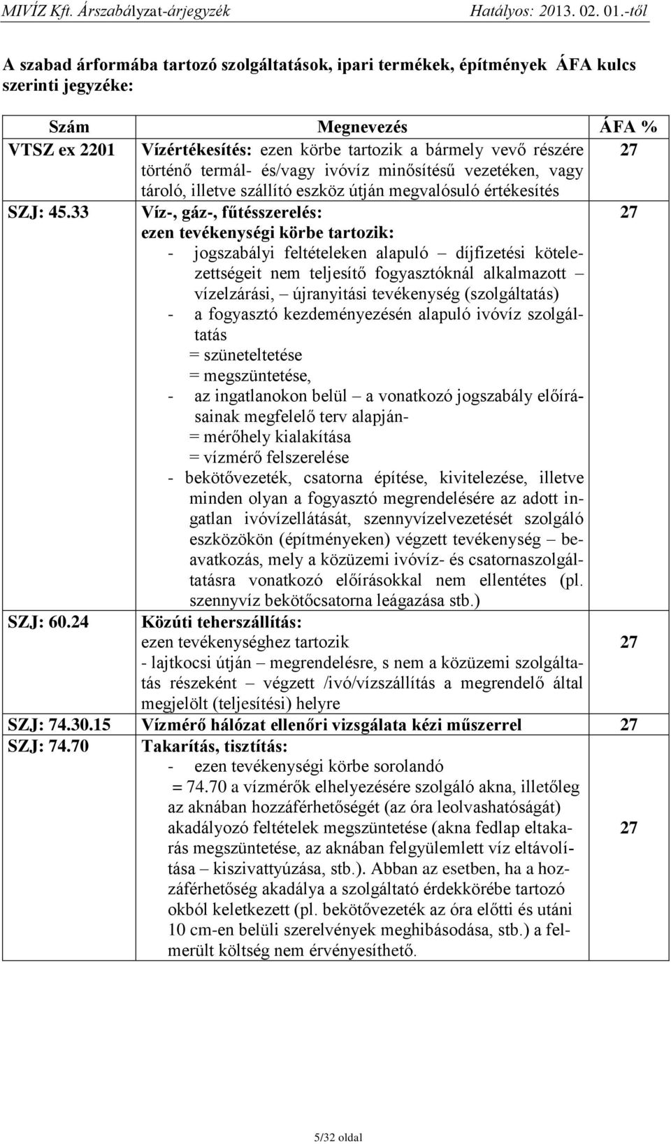 33 Víz-, gáz-, fűtésszerelés: 27 ezen tevékenységi körbe tartozik: - jogszabályi feltételeken alapuló díjfizetési kötelezettségeit nem teljesítő fogyasztóknál alkalmazott vízelzárási, újranyitási