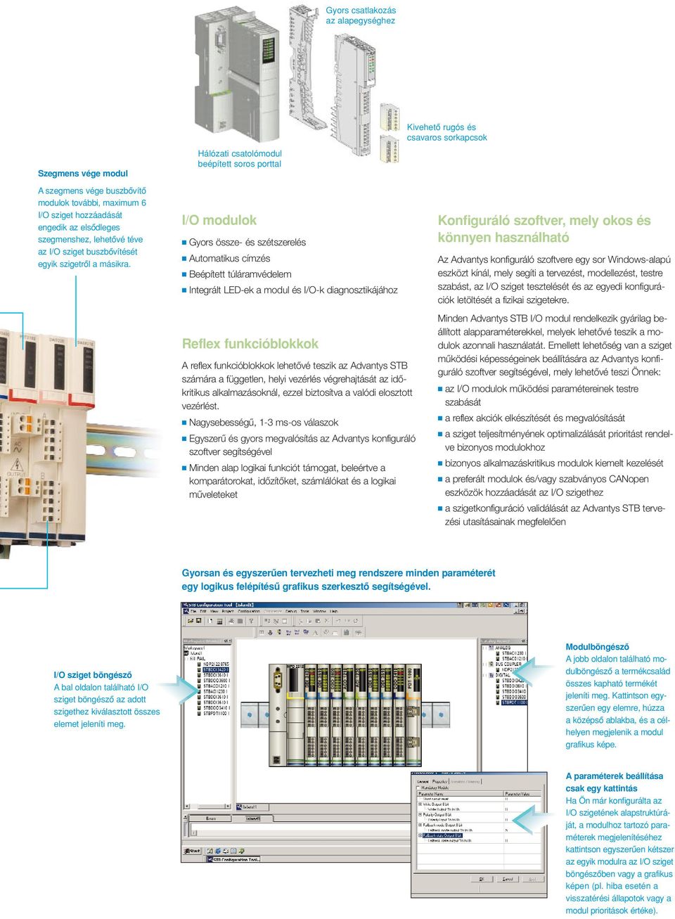 Hálózati csatolómodul beépített soros porttal I/O modulok Gyors össze- és szétszerelés Automatikus címzés Beépített túláramvédelem Integrált LED-ek a modul és I/O-k diagnosztikájához Reflex