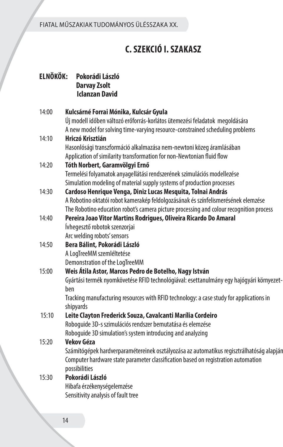 solving time-varying resource-constrained scheduling problems 14:10 Hriczó Krisztián Hasonlósági transzformáció alkalmazása nem-newtoni közeg áramlásában Application of similarity transformation for