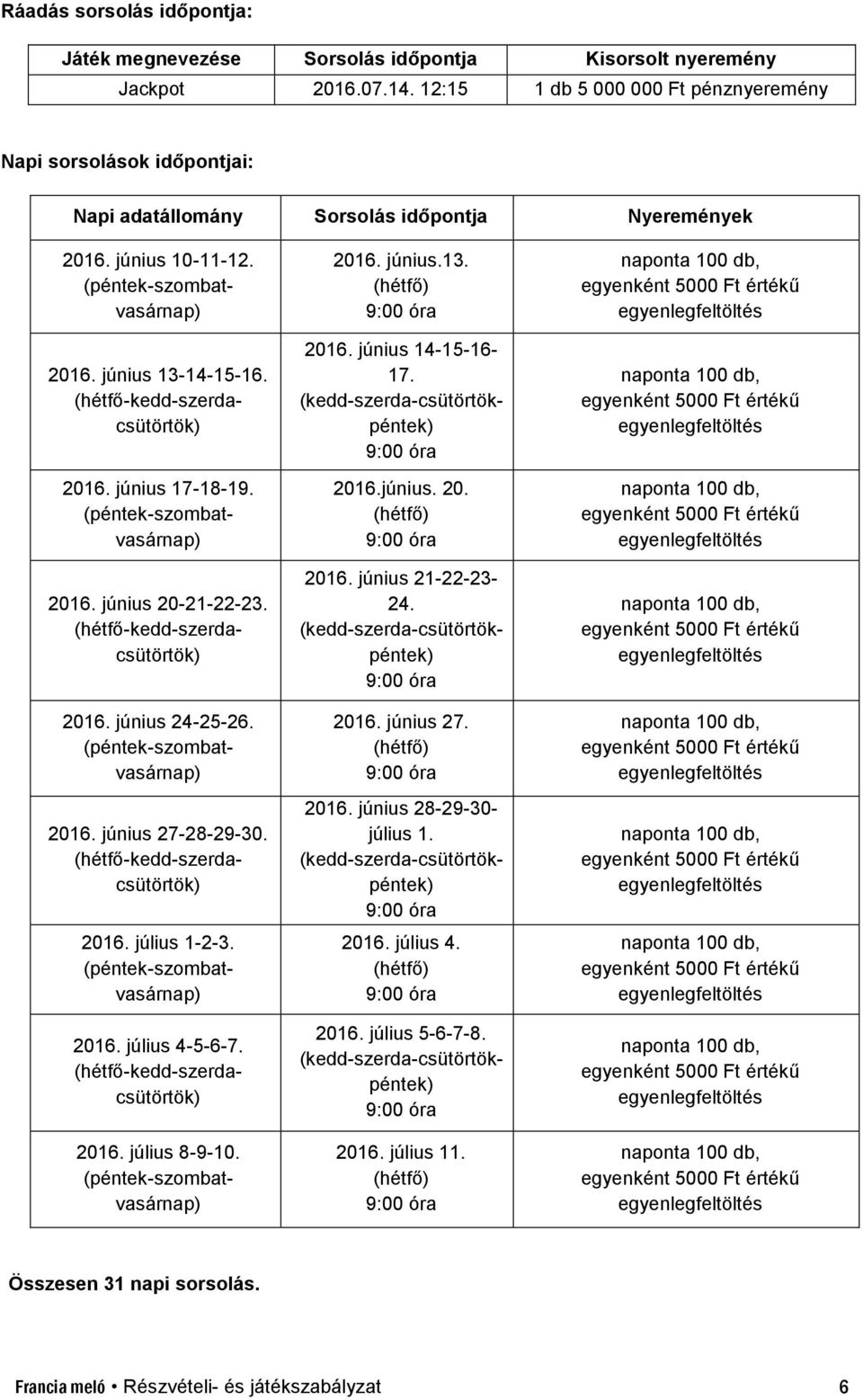 június 17-18-19. 2016. június 20-21-22-23. (hétfő-kedd-szerdacsütörtök) 2016. június 24-25-26. 2016. június 27-28-29-30. (hétfő-kedd-szerdacsütörtök) 2016. július 1-2-3. 2016. július 4-5-6-7.