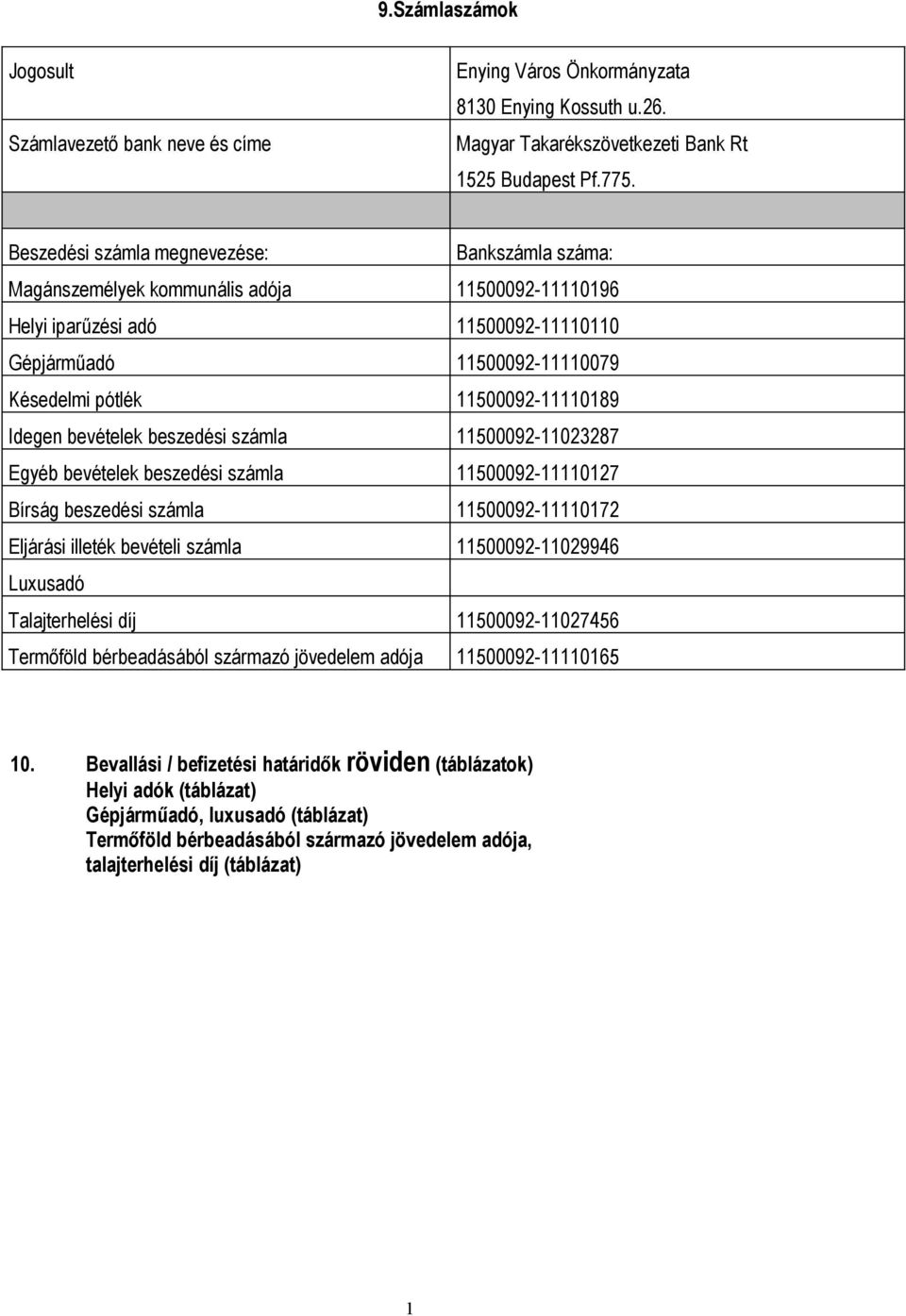 11500092-11110189 Idegen bevételek beszedési számla 11500092-11023287 Egyéb bevételek beszedési számla 11500092-11110127 Bírság beszedési számla 11500092-11110172 Eljárási illeték bevételi számla