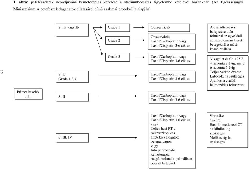 Ia vagy Ib Grade 1 Grade 2 Obszerváció Obszerváció Taxol/Carboplatin vagy Taxol/Cisplatin 3-6 ciklus A családtervezés befejezése után felmerül az egyoldali adnexectomián átesett betegeknél a műtét