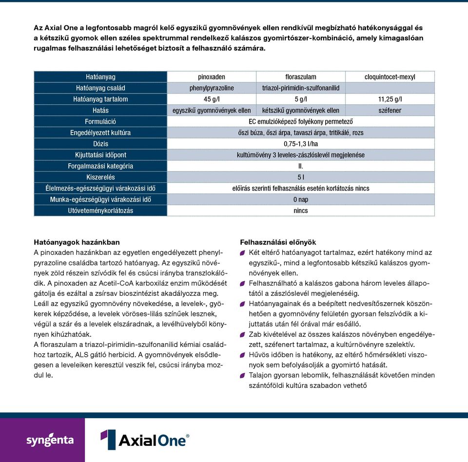 Hatóanyag pinoxaden fl oraszulam cloquintocet-mexyl Hatóanyag család phenylpyrazoline triazol-pirimidin-szulfonanilid Hatóanyag tartalom 45 g/l 5 g/l 11,25 g/l Hatás egyszikű gyomnövények ellen