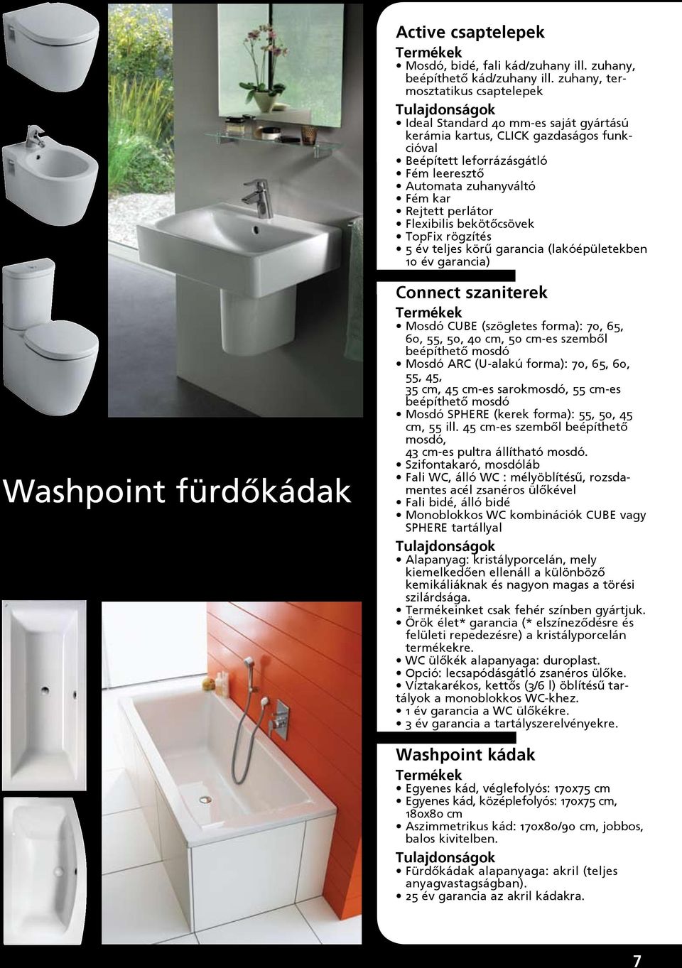 perlátor Flexibilis bekötőcsövek TopFix rögzítés 5 év teljes körű garancia (lakóépületekben 10 év garancia) Washpoint fürdőkádak Connect szaniterek Mosdó CUBE (szögletes forma): 70, 65, 60, 55, 50,