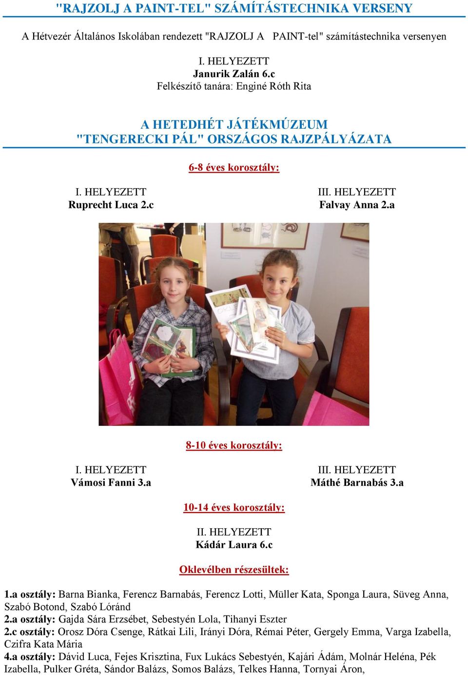 a 8-10 éves korosztály: I. HELYEZETT Vámosi Fanni 3.a III. HELYEZETT Máthé Barnabás 3.a 10-14 éves korosztály: II. HELYEZETT Kádár Laura 6.c Oklevélben részesültek: 1.