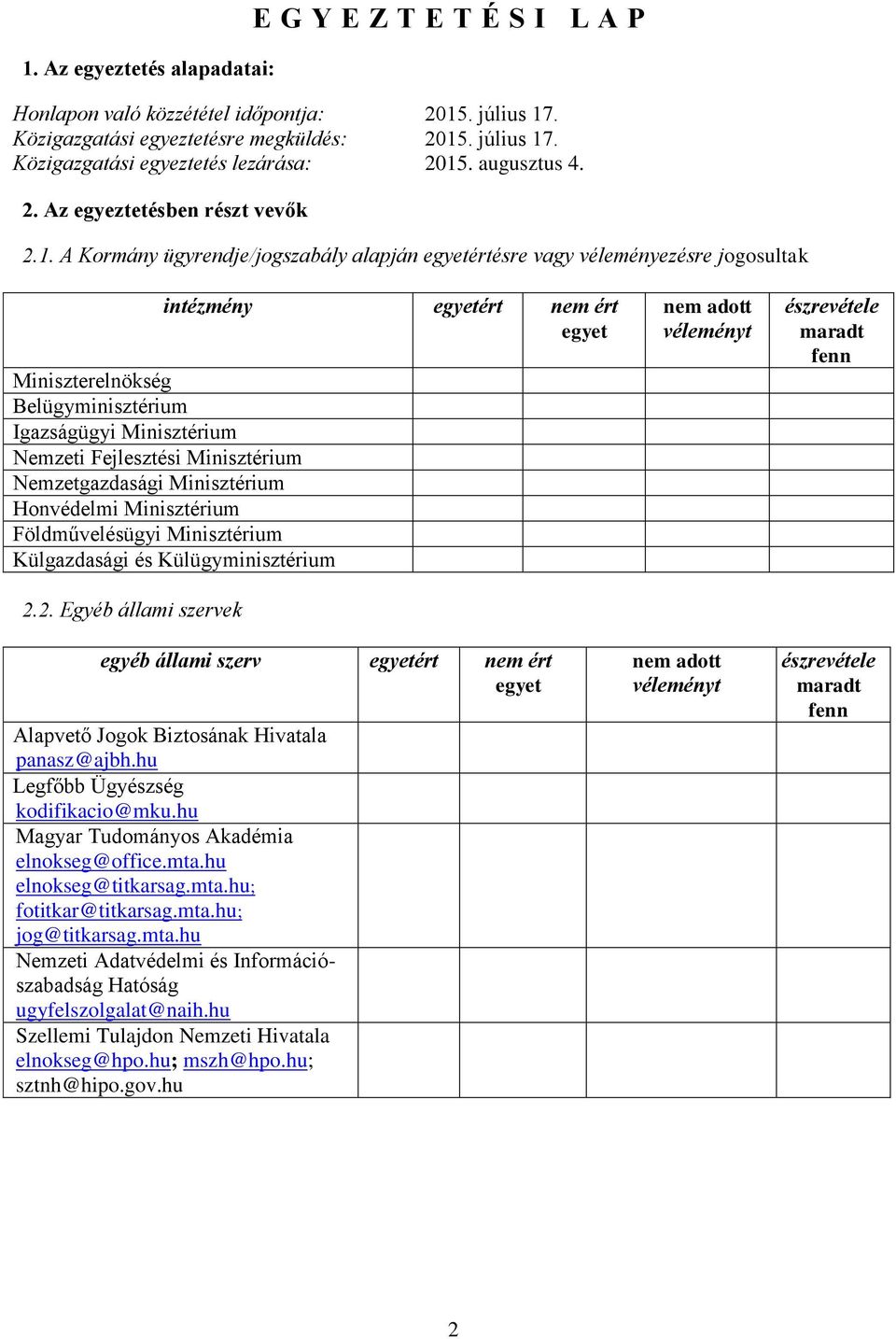 A Kormány ügyrendje/jogszabály alapján egyetértésre vagy véleményezésre jogosultak intézmény egyetért nem ért egyet Miniszterelnökség Belügyminisztérium Igazságügyi Minisztérium Nemzeti Fejlesztési