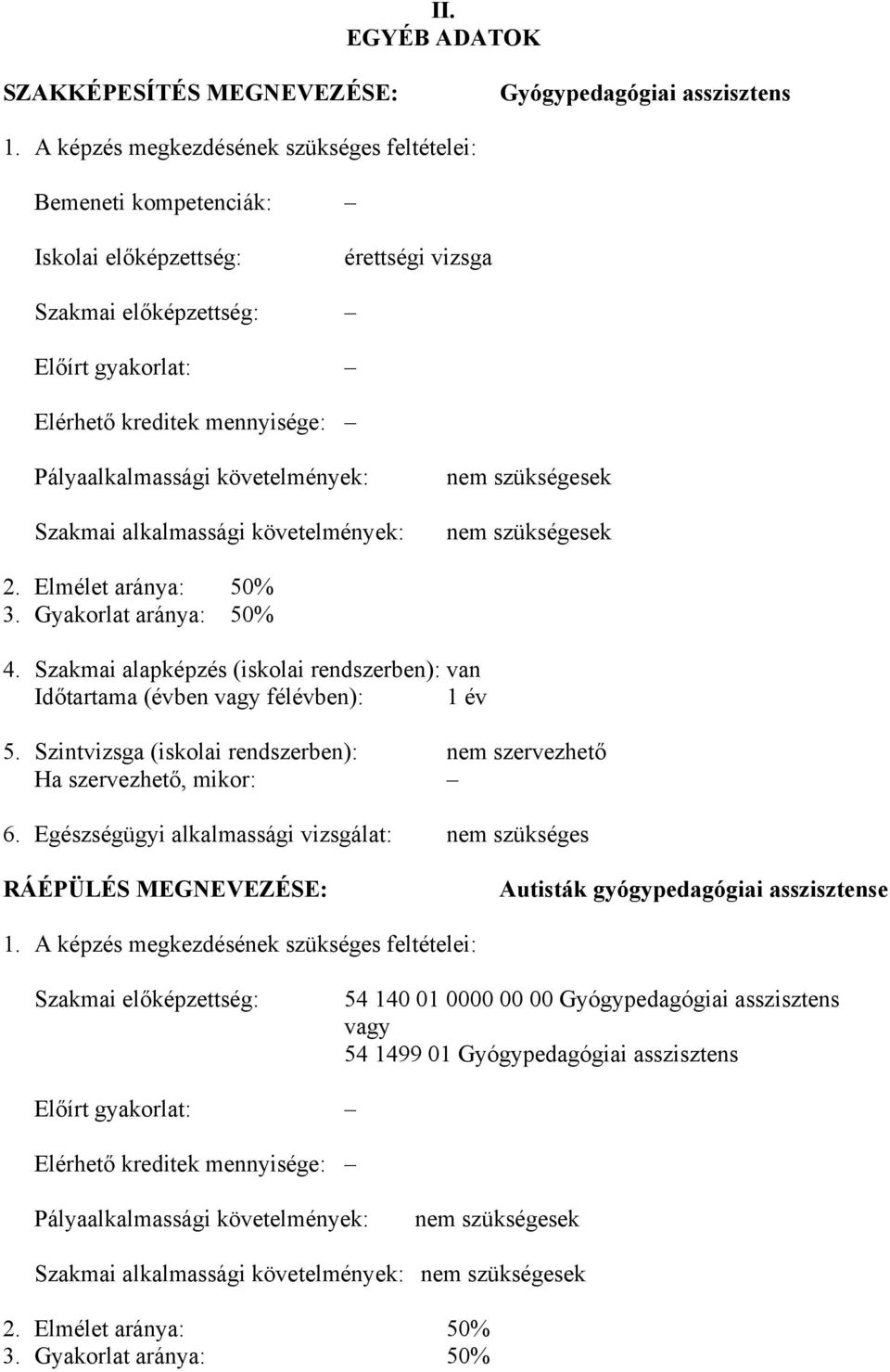 követelmények: Szakmai alkalmassági követelmények: nem szükségesek nem szükségesek 2. Elmélet aránya: 50% 3. Gyakorlat aránya: 50% 4.