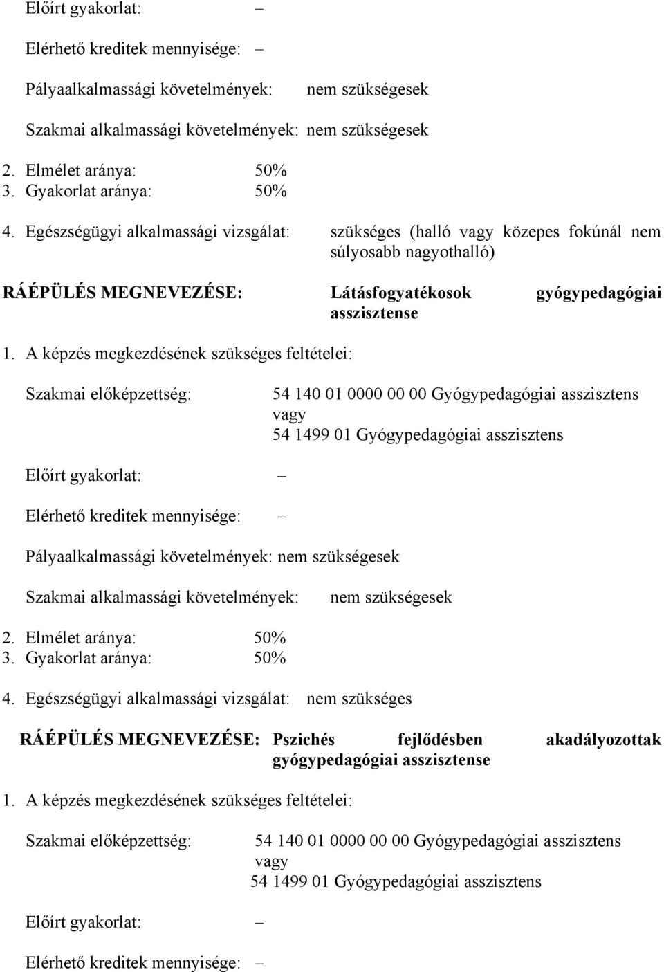 A képzés megkezdésének szükséges feltételei: Szakmai előképzettség: 54 140 01 0000 00 00 Gyógypedagógiai asszisztens vagy 54 1499 01 Gyógypedagógiai asszisztens  Egészségügyi alkalmassági vizsgálat: