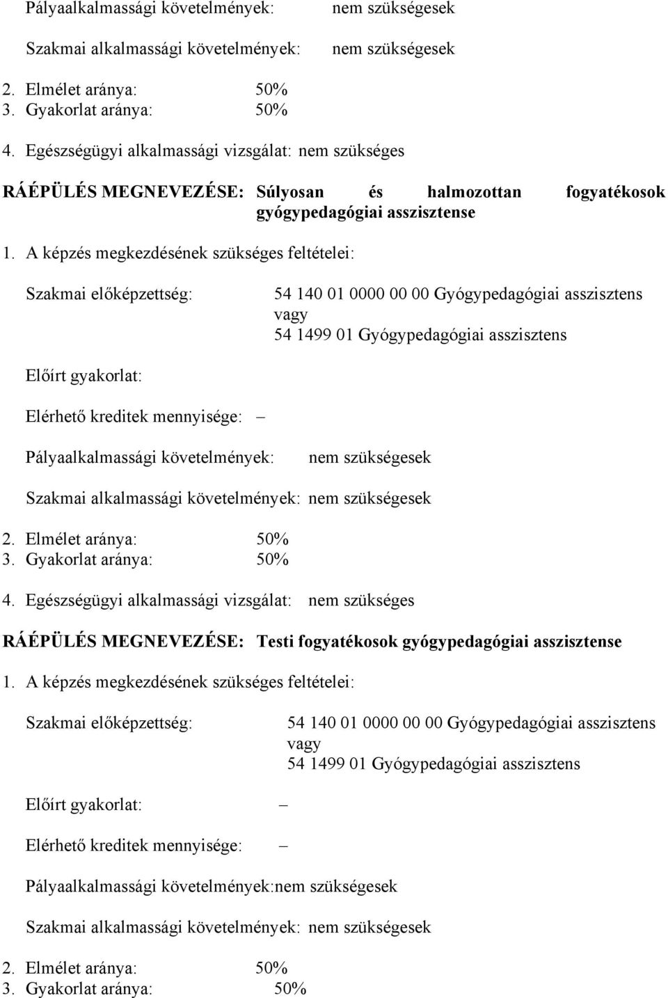 A képzés megkezdésének szükséges feltételei: Szakmai előképzettség: 54 140 01 0000 00 00 Gyógypedagógiai asszisztens vagy 54 1499 01 Gyógypedagógiai asszisztens Előírt gyakorlat: Elérhető kreditek